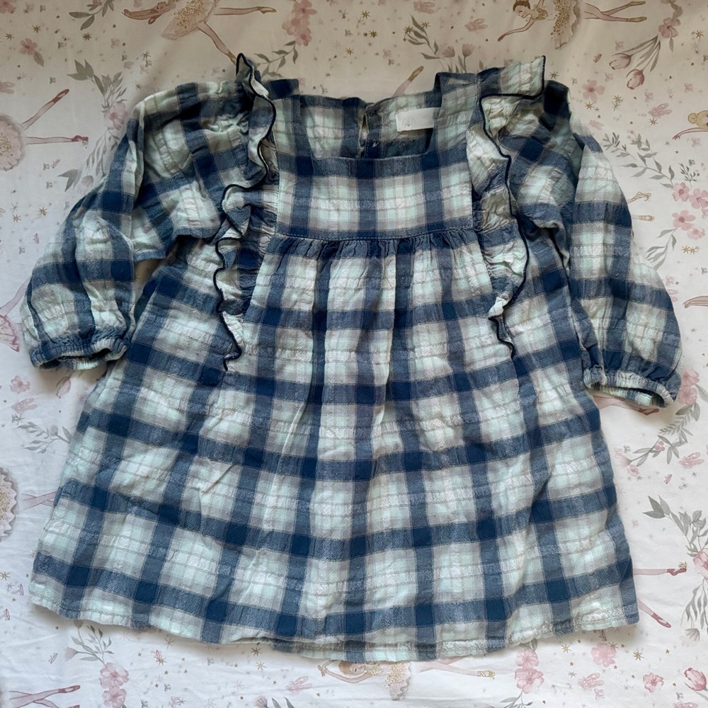 ZARA Toddler Girls Blue Plaid Ruffle Dress Size 2–3 | Lined Winter Boutique